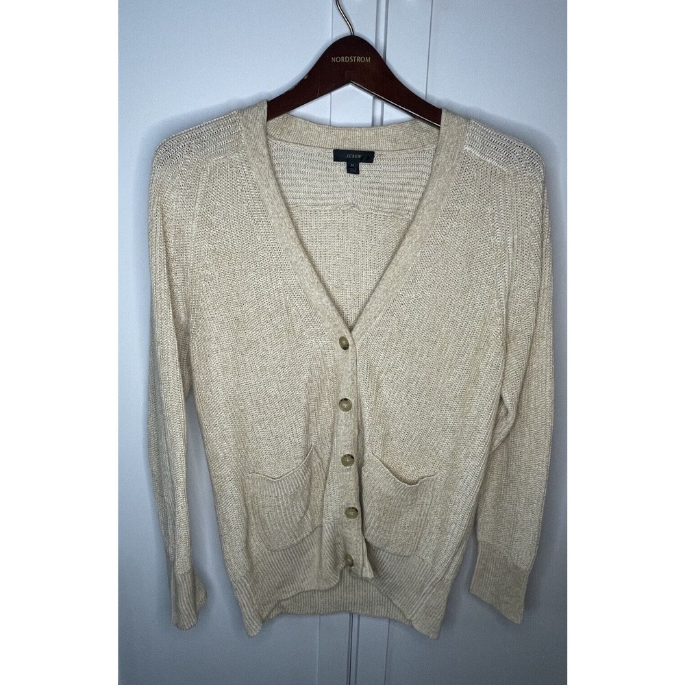J. Crew Relaxed Cotton Linen Blend Cardigan Sweater Women’s Sz M BH461 Cream EUC